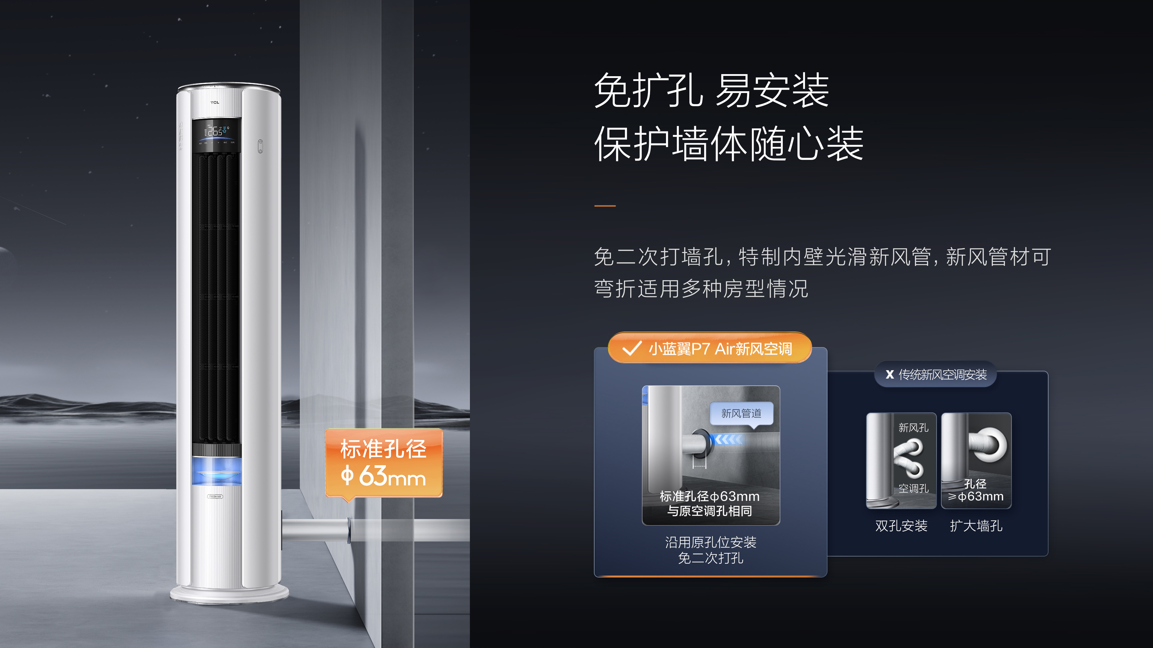 TCL新风空调柜机-3匹节能空调-小蓝翼P7 Air免扩孔