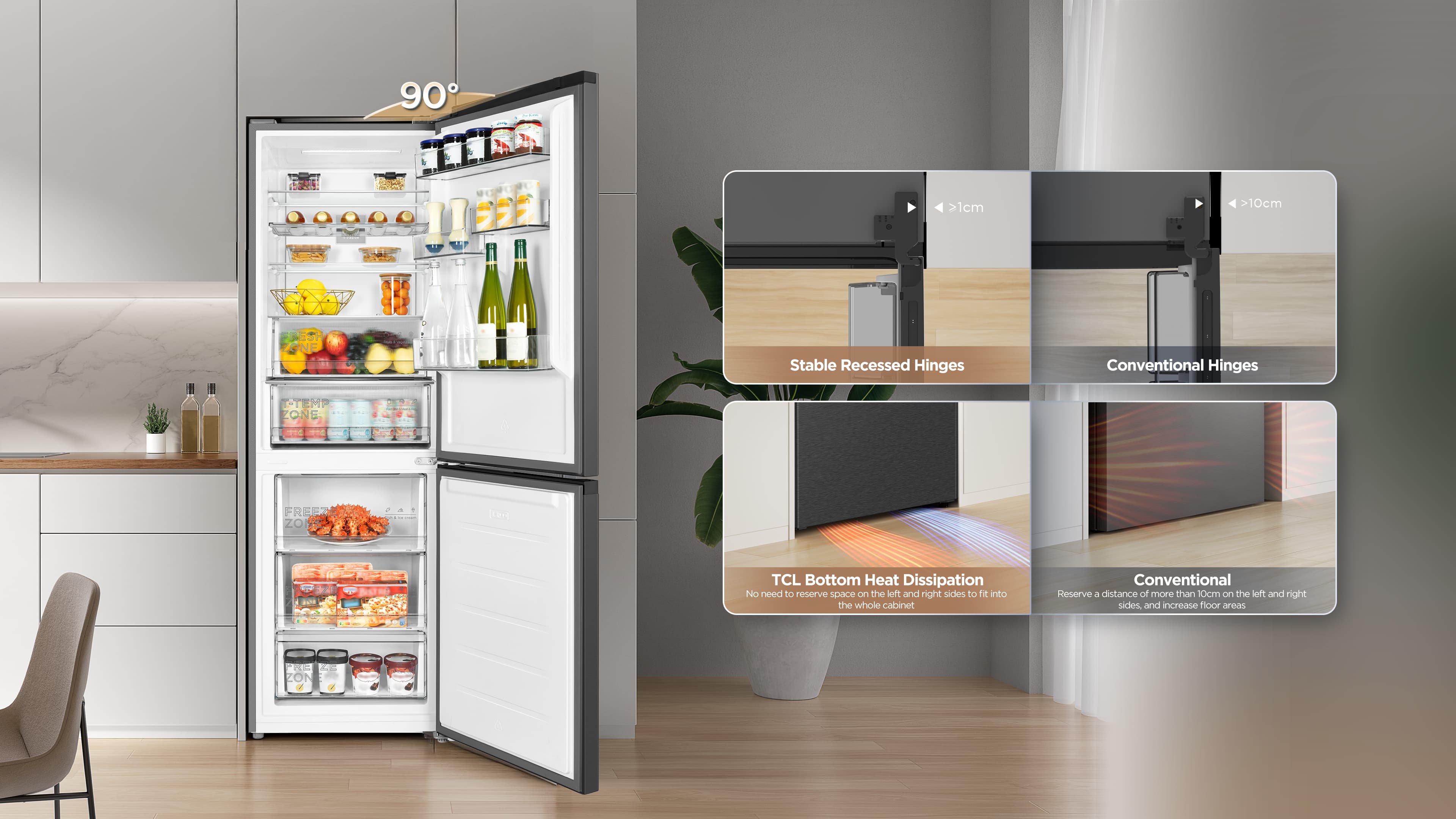 TCL RC340BSC0 refrigerator 90° opening door