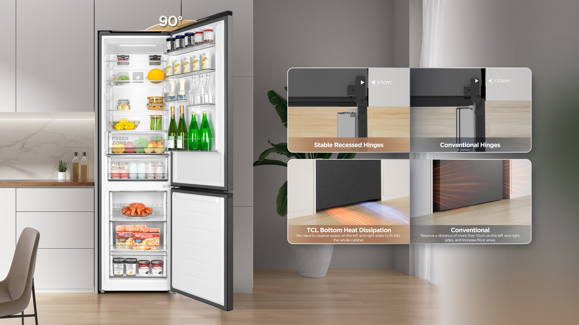 TCL refrigerator 90° opening door