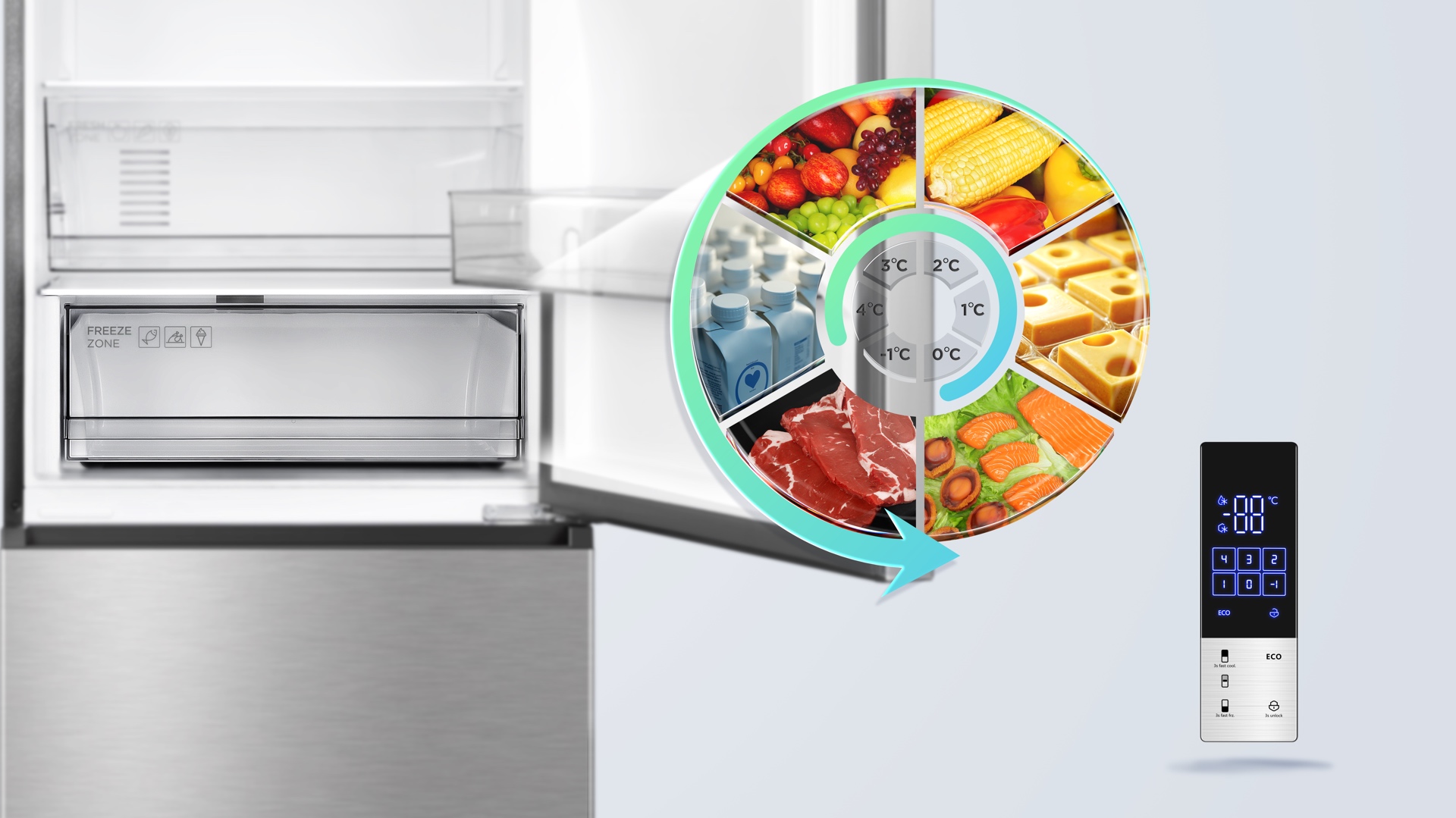 The TCL fridge can customise temperature for flexible foods storage