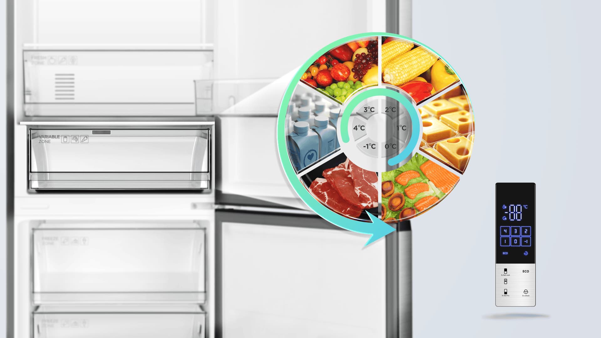 The TCL fridge can customise temperature for flexible foods storage