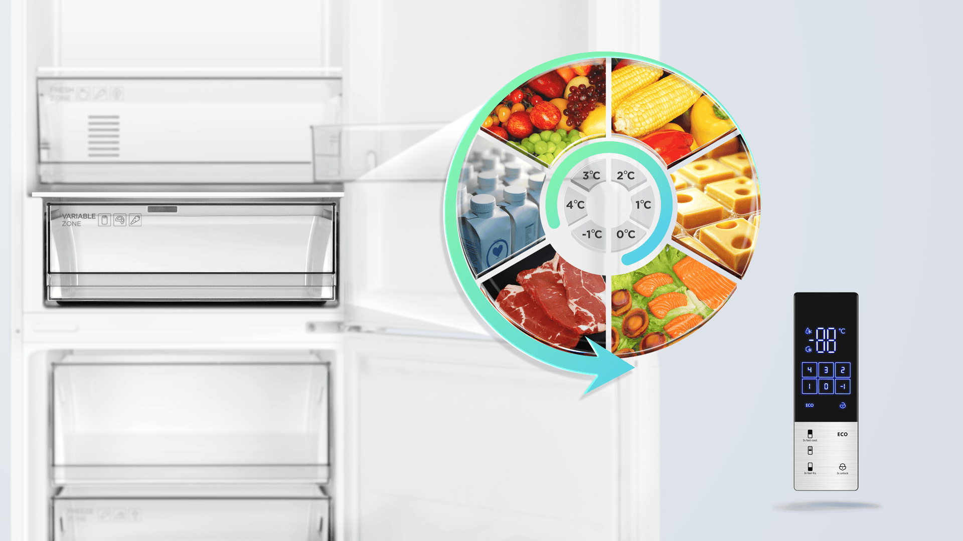 The TCL fridge can customise temperature for flexible foods storage