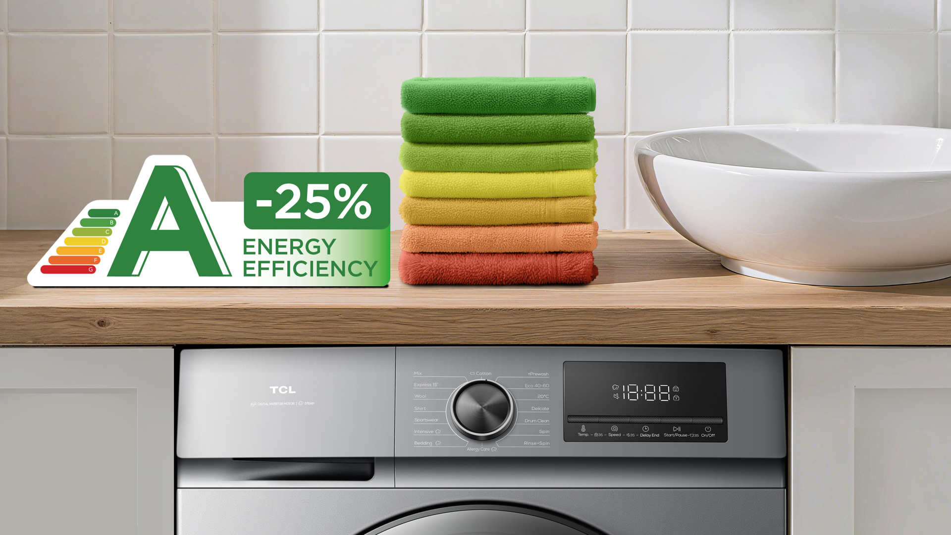 tcl washing machine with 25% extra A energy saving