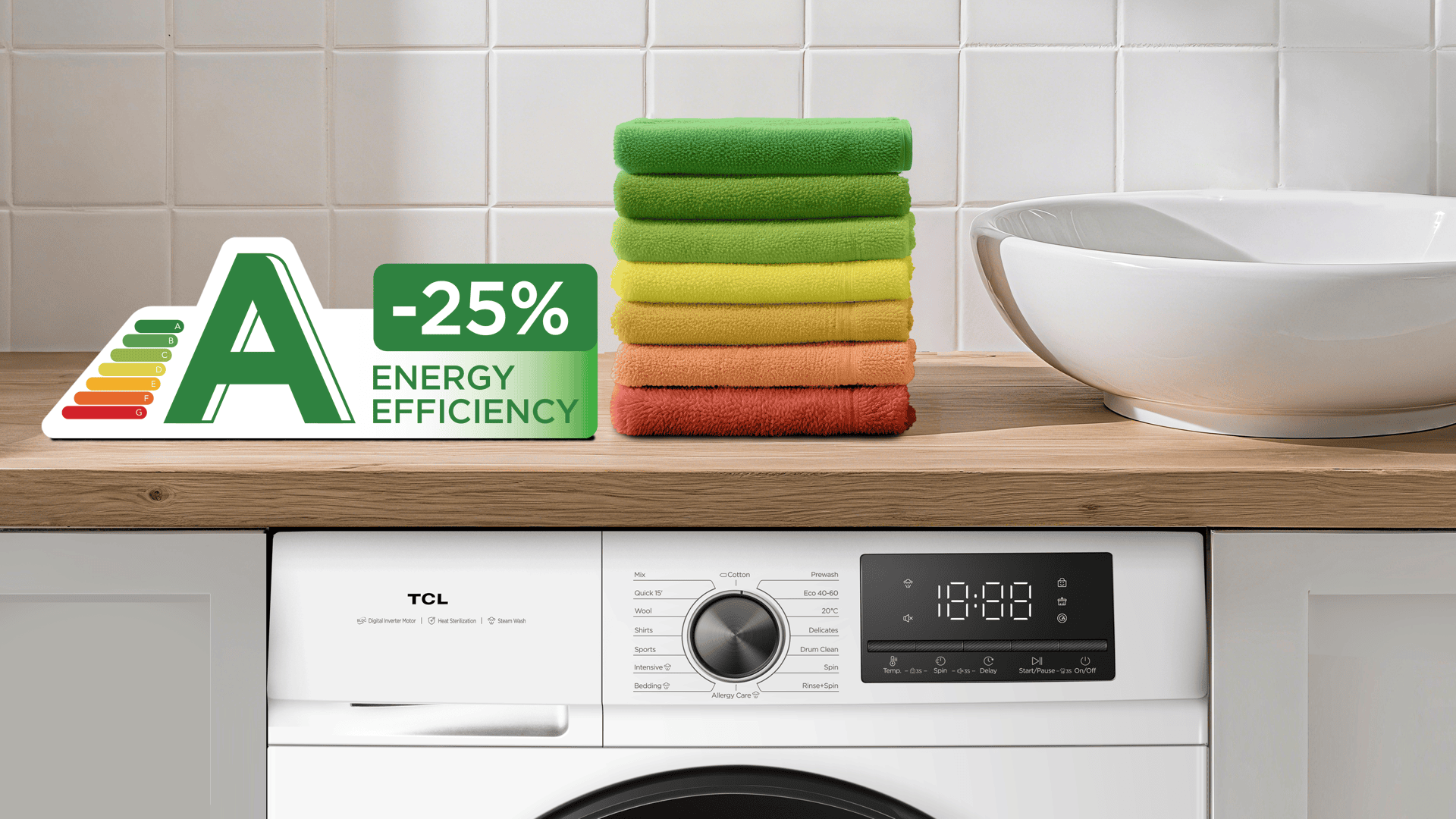 tcl washing machine with 25% extra A energy saving