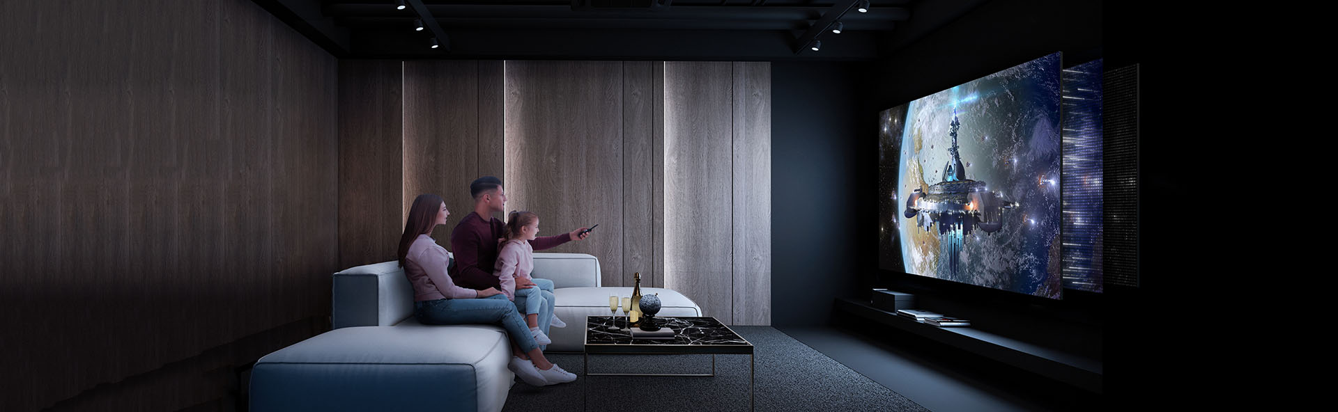 Materialist Living Room Theater: Crafting Luxurious Minimalist Spaces